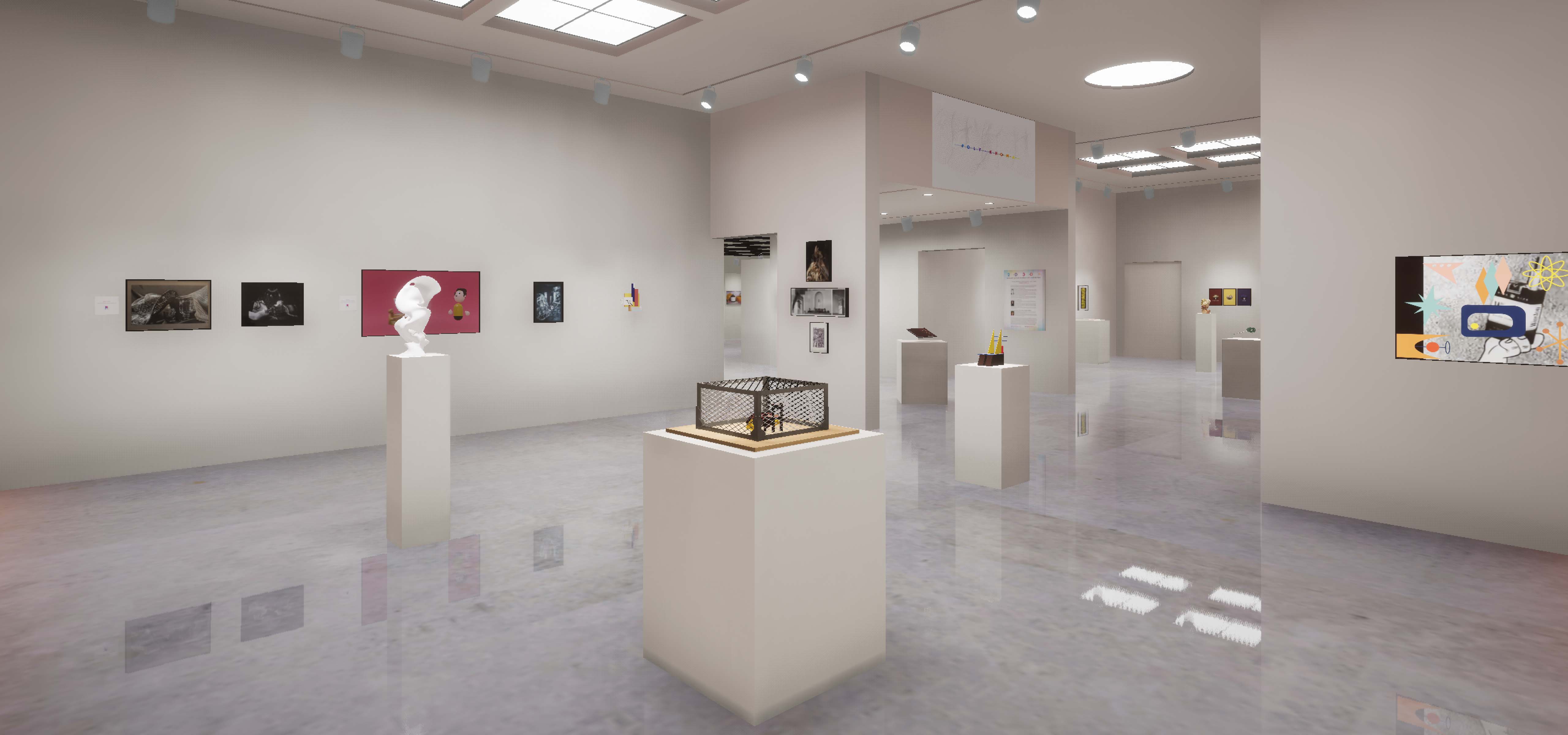 image of virtual gallery space with various sculptures on stands and 2d work mounted on the walls.