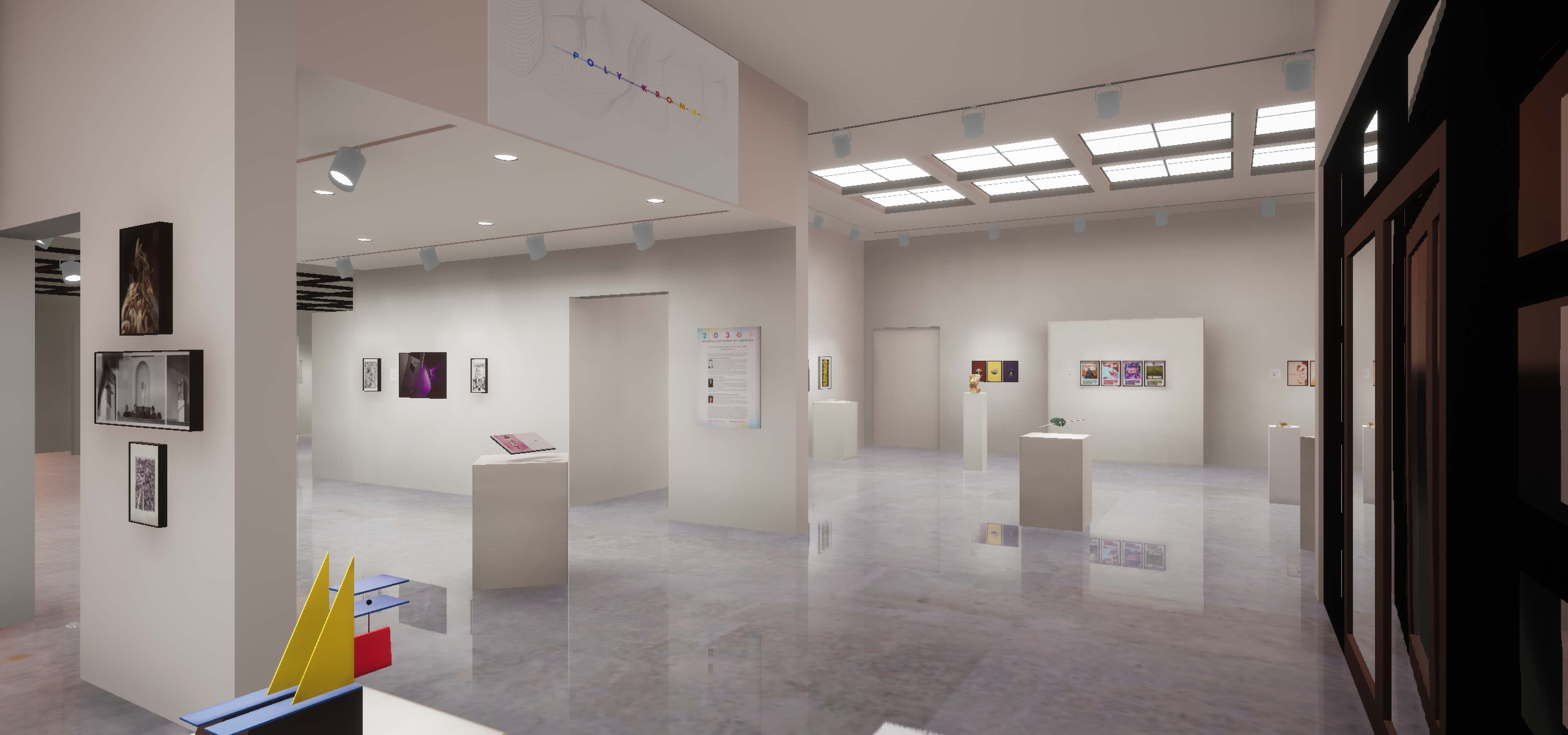 Image of virtual 3d gallery. Title wall reads "PolyKroma 2020". Various sculptures and 2d work are in gallery space.
