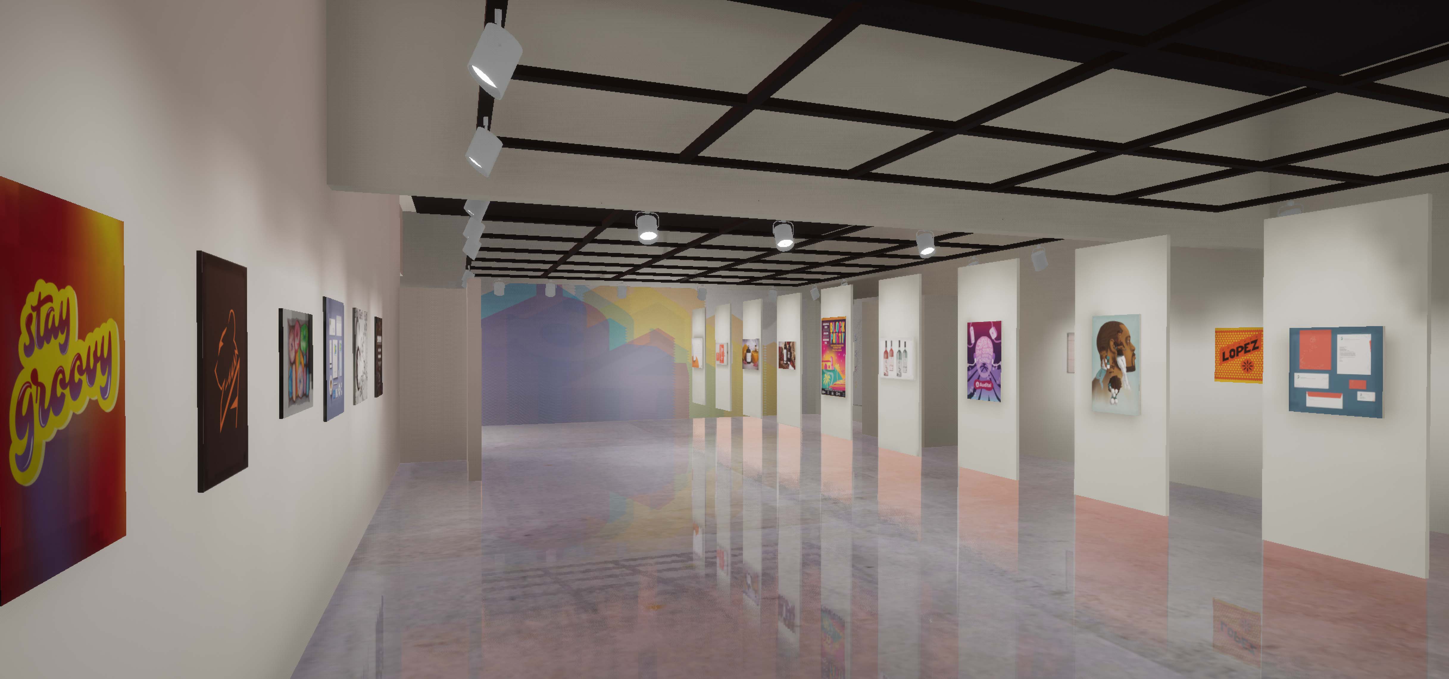 Image of virtual 3d gallery. Various 2d work is mounted on gallery walls.