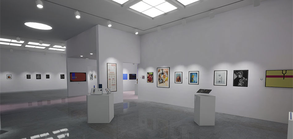 Installation View, Front West Gallery with skylight shinning down the artworks hung on the wall, Polykroma 2021 Exhibition, May 8, 2021 to May 20, 2021.