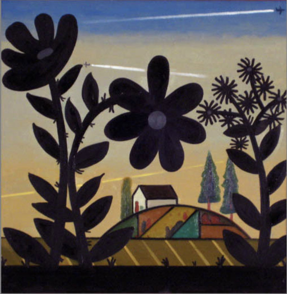 painting of a house on a hill with large flowers in front of it. painting is in a blocky style with earth tones.