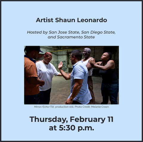 Artist Shaun Leonardo, Hosted by San Jose State, San Diego State, and Sacramento State, Thursday, February 11 at 5:30 p.m.; image of Mirror/Echo/Tilt. production still. Photo credit: Melanie Crean
