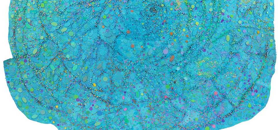 Howardena Pindell, Night Flight (detail), mixed media on canvas, 2015-2016. 63 x 77". Image Credit: Philip Holzer, Germany.