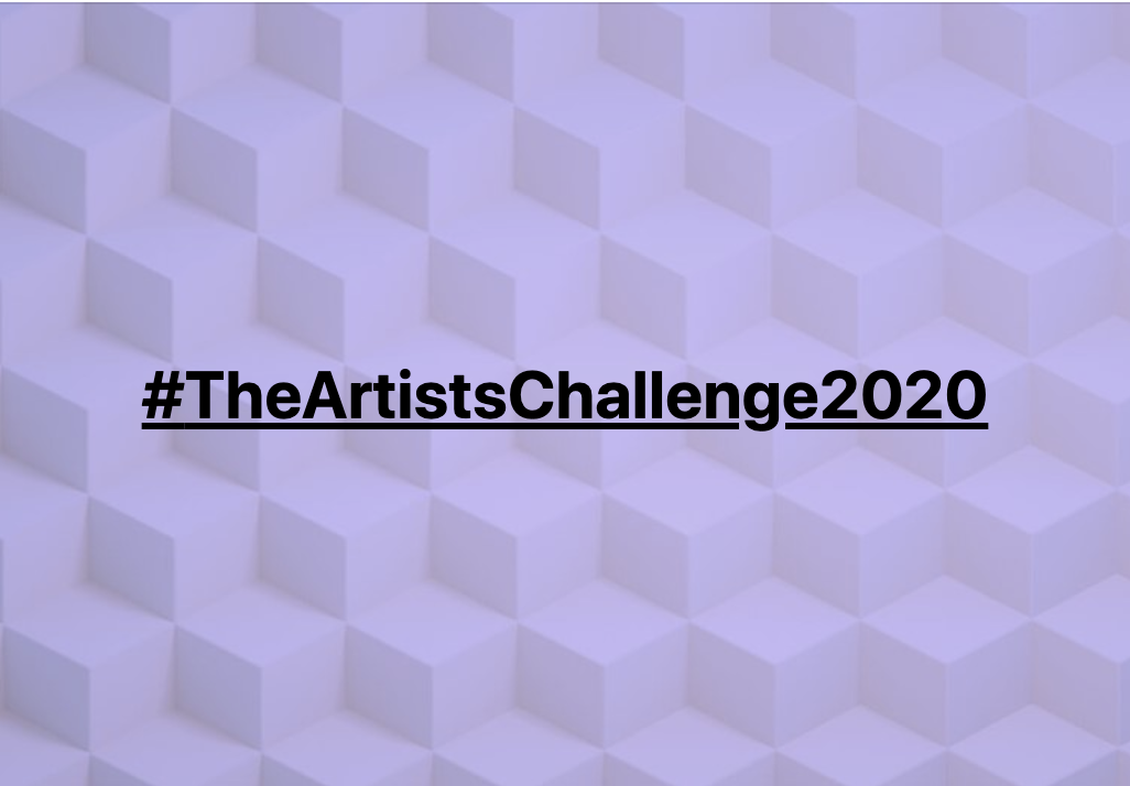 black text reads: #TheArtistsChallenge2020 Background is blue/purple color with faint geometric box pattern