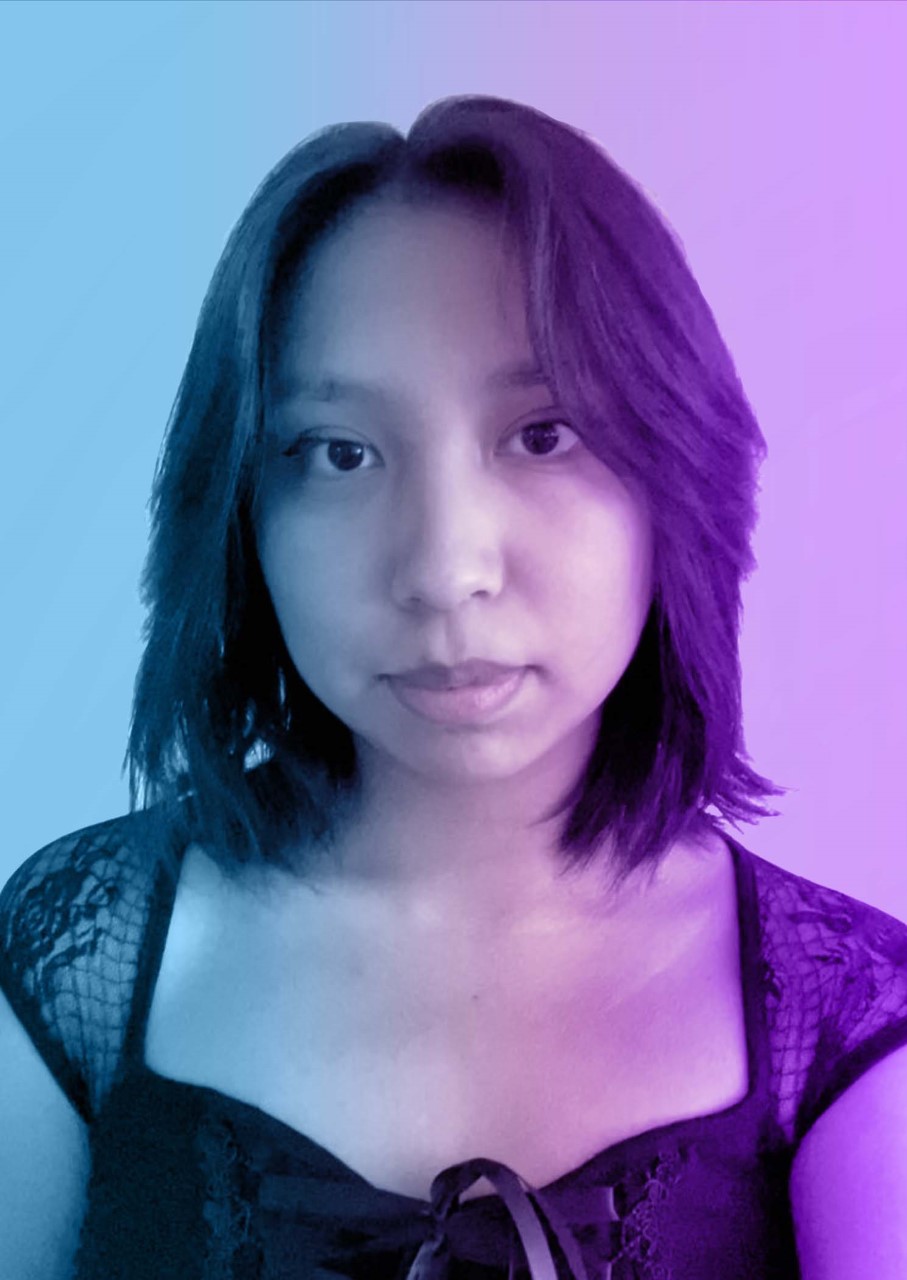 Photo of college student with purple and blue overlay
