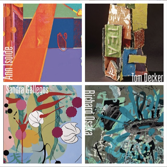 four squares showing different colorful abstract artworks. Text on each square shows the corresponding artist name: Ann Isolde, Tom Decker, Sandra Gallegos, Richard Osaka