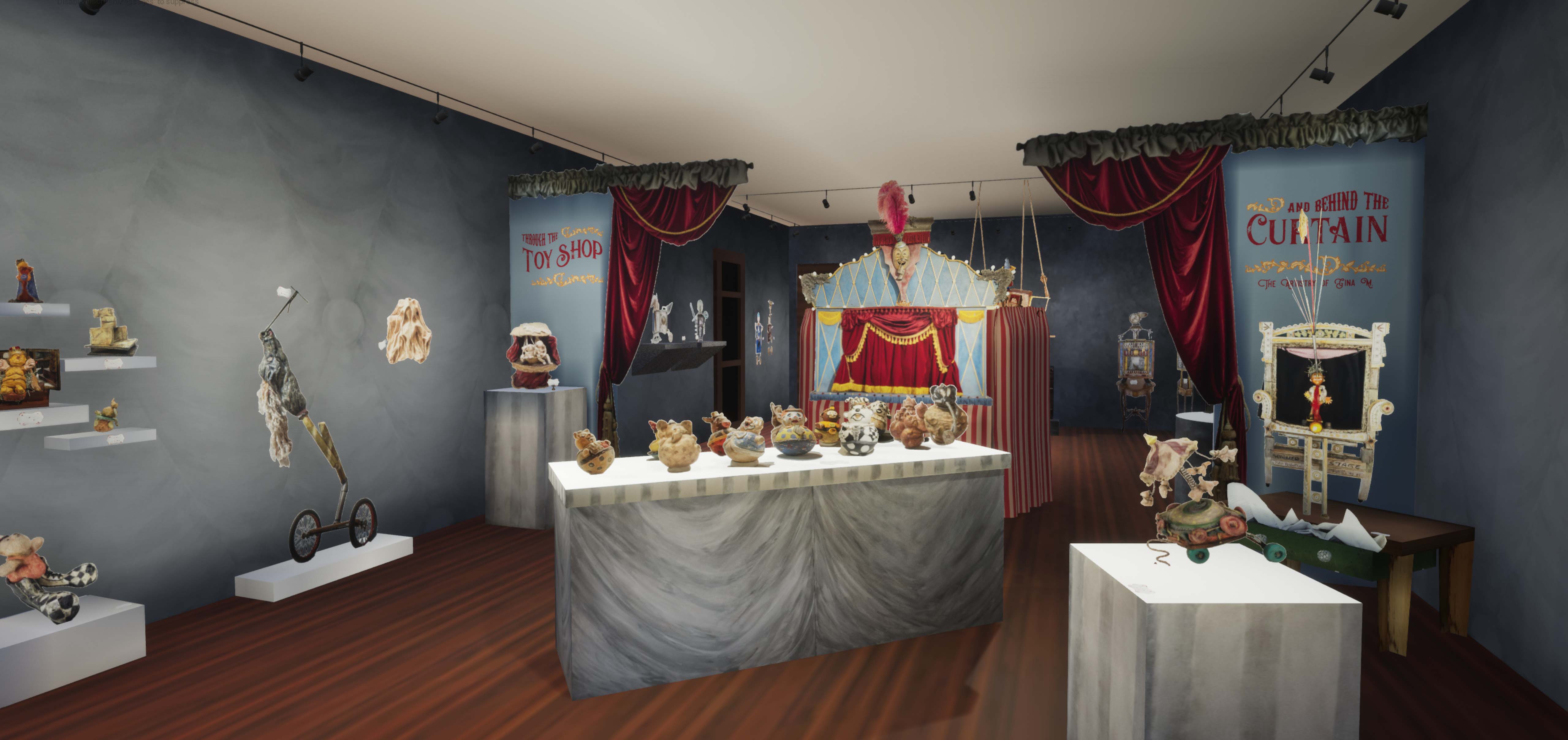 Virtual exhibition render of "Through the Toy Shop and Behind the Curtain" gallery front view