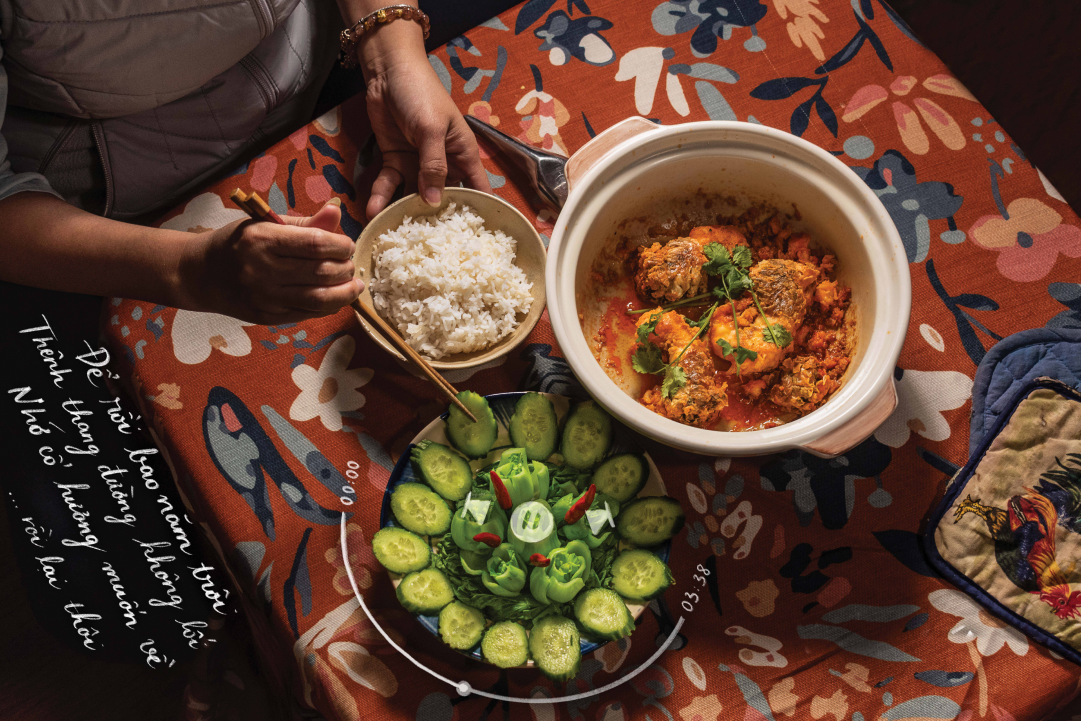 Reminisce, aerial photography of Vietnamese family dining table meal