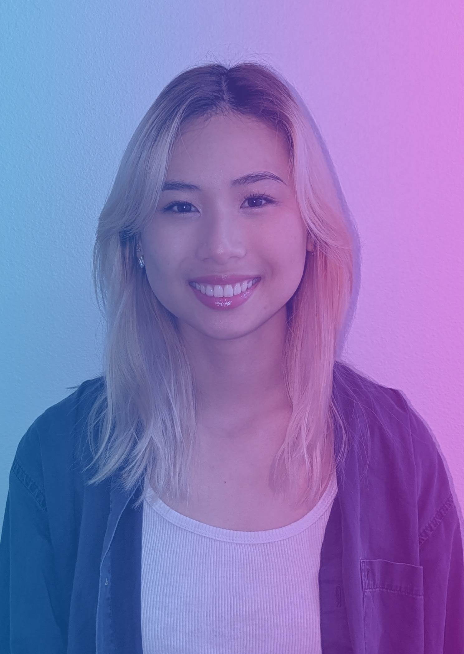 Blue and pink overlay with gallery assistant photo