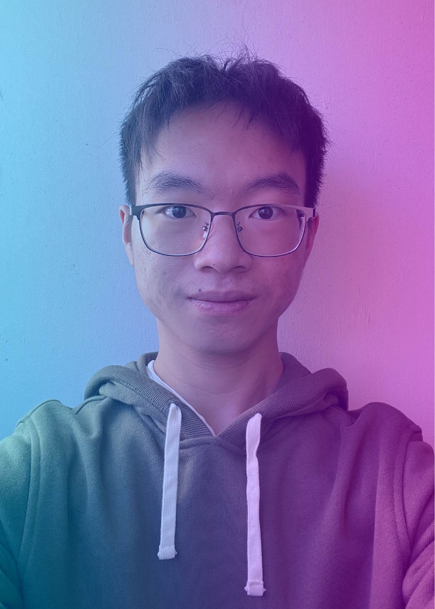 Blue and pink overlay with gallery assistant photo