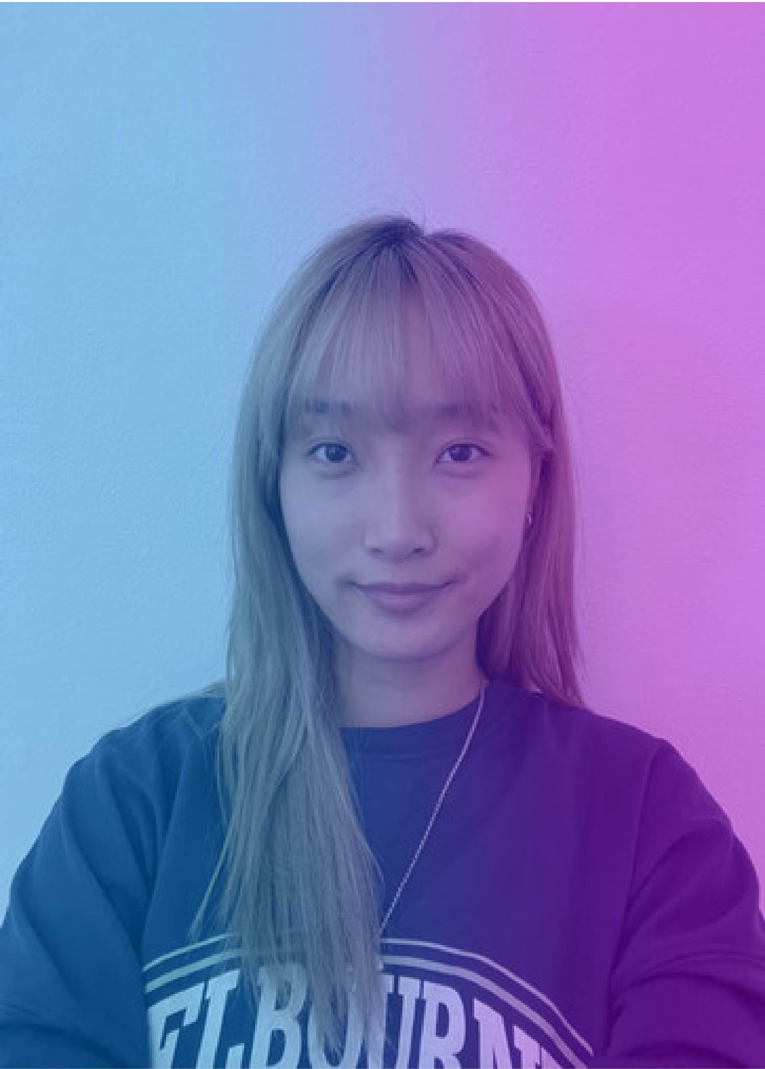 photo of smiling female college student with straight dark hair. blue and purple overlay on photo.