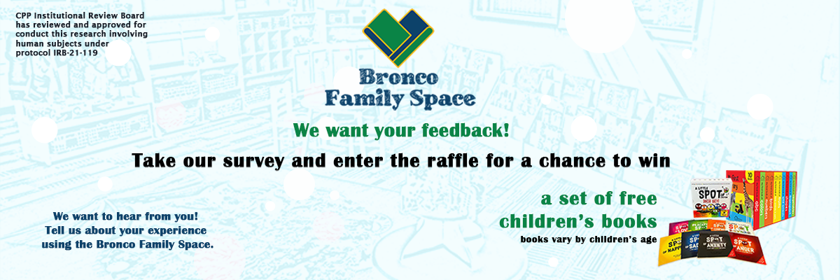 Bronco Family Space feedback: Take our survey for a chance to win free children's books!