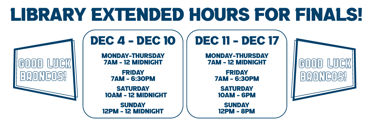 library extended hours for finals dec 4-10 mon-thur 7am-midnight fri 7am-6:30pm sat 10am-midnight sun 12pm-midnight dec 11-17 mon-thur 7am-midnight fri 7am-6:30pm sat 10am-6pm sun 12pm-8pm