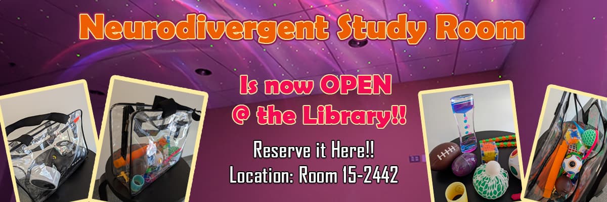 neurodivergent study room is now open at the library reserve it here location room 15-2442