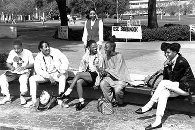 Historic photograph of Cal Poly Pomona students gathered outdoors on campus