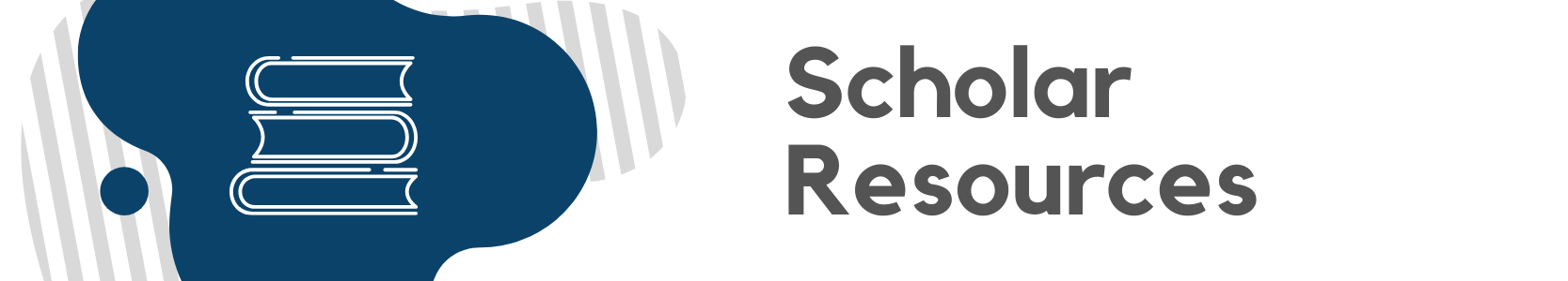 Scholar Resources with a stack of books icon on a striped background layered on a blue blob