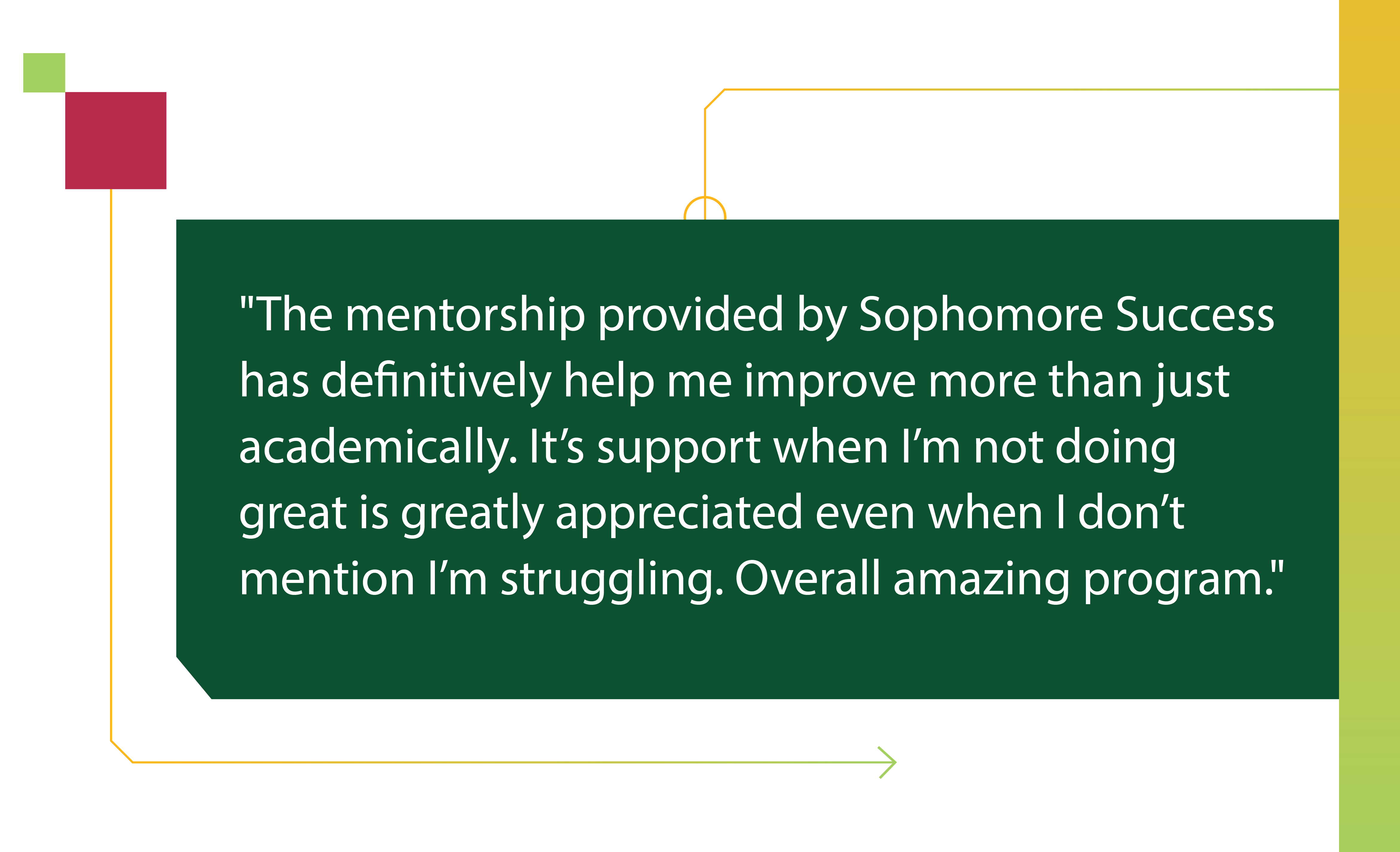 The mentorship provided by Sophomore Success has definitively help me improve more than just academically. It’s support when I’m not doing great is greatly appreciated even when I don’t mention I’m struggling. Overall amazing program.