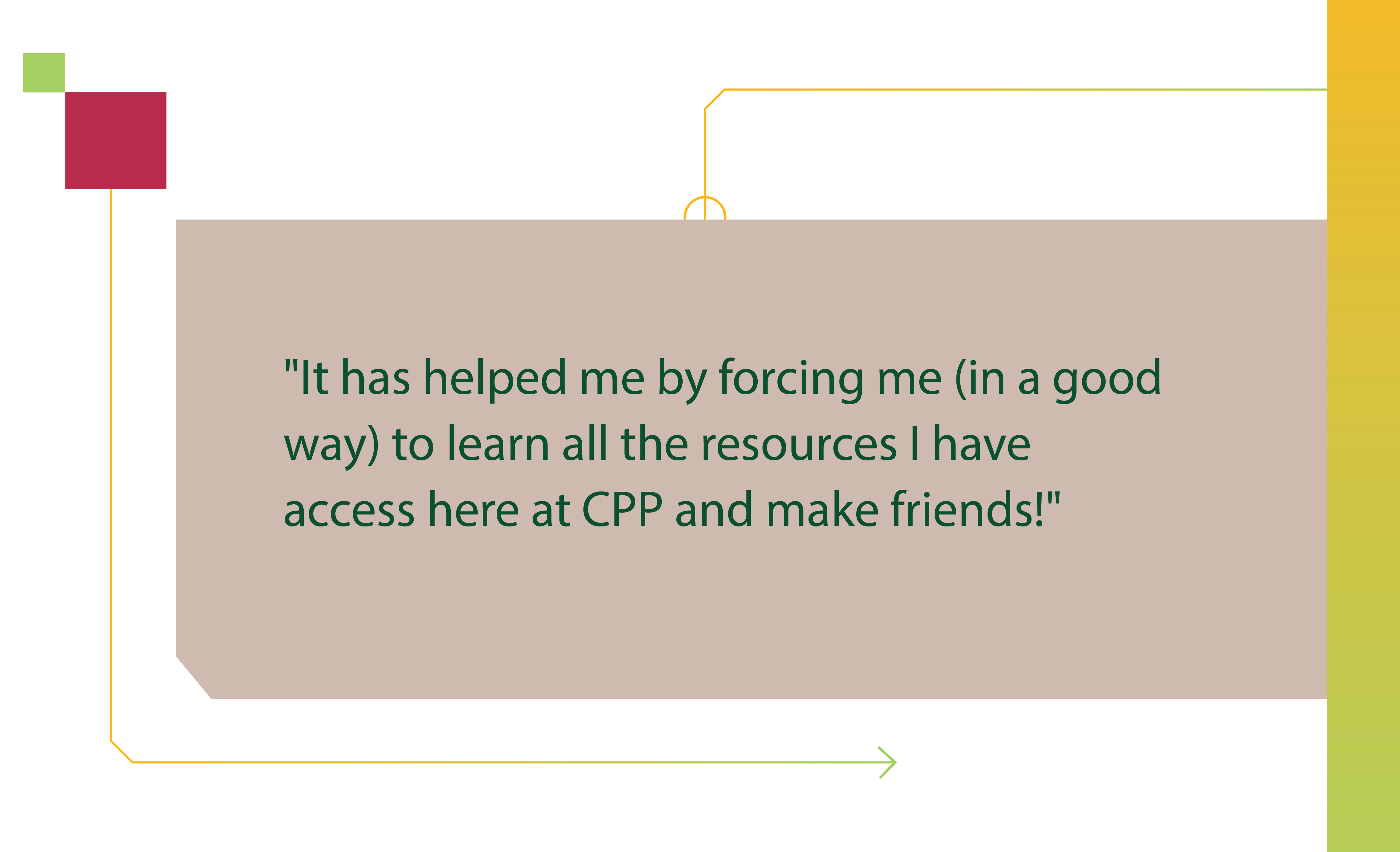 It has helped me by forcing me (in a good way) to learn all the resources I have access here at CPP and make friends!