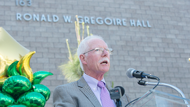 Cal Poly Pomona alumnus Ronald Gregoire speaks during naming ceremony for the Ronald W. Gregoire Hall in the College of Business Administration complex.