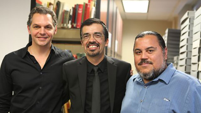Cal Poly Pomona Professor Alvaro Huerta (center) recently presented at a symposium on organizing Latino immigrants with UCLA law professor Scott L. Cummings (left) and community activist Adrian Alvarez (right). Photo courtesy of Professor Alvaro Huerta.