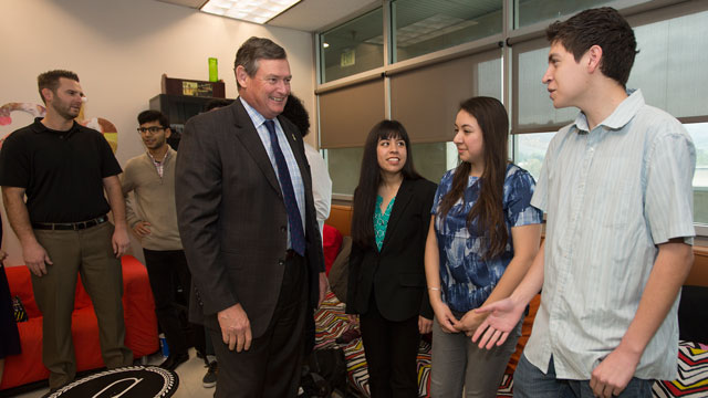 Chancellor Timothy P. White visits with students at the Idea Lab Feb. 18, 2016.