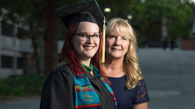 Bec McDorman, a graduate student in the College of Agriculture, with her mom Julie in the University Quad.