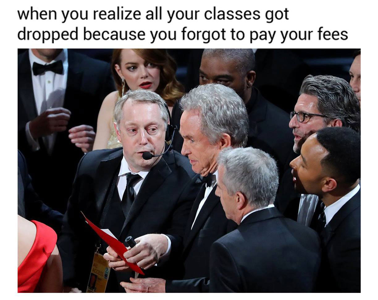 A meme on student fees Velasco posted plays on the recent Oscar Awards debacle. 