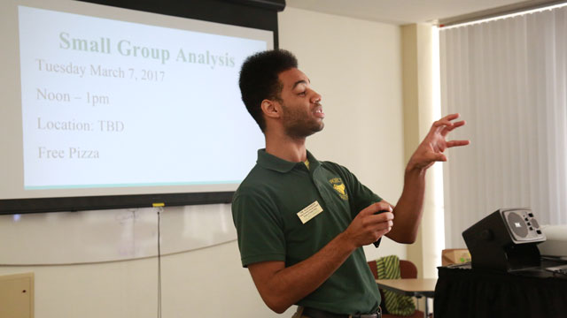 Tim Alexander, graduate assistant for the Project SUCCESS program, addresses the participants. Photo credit: Lily Ly, Cal Poly Pomona Foundation photographer