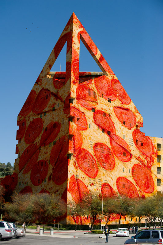 Velasco created a Facebook post that transformed the CLA building into pizza for Pizza with the Presidents.