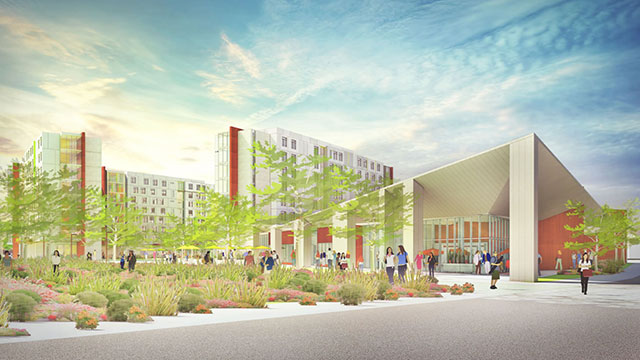 The Student Housing Replacement Project consists of two eight-story mid-rise towers that contain 980 beds. A dining commons facility is also part of the complex.