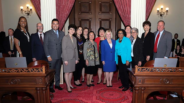 Pictured Left to Right: California State Senator Holly Mitchell (D-30), California State Senator Steve Glazer (D-7), California State Senator Ricardo Lara (D-33), SJSU President Mary Papazian, San Diego State President-Designate Adela de la Torre, Humboldt State President Lisa Rossbacher, Sonoma State President Judy Sakaki, CSU Stanislaus President Ellen Junn, CSU Bakersfield President-Designate Lynette Zelezny, Cal Poly Pomona President Soraya Coley, President pro tempore of the California State Senate Toni Atkins (D-39) California State Senator Hanna-Beth Jackson (D-19) California State Senator Connie Leyva (D-20) California State Senator Bill Dodd (D-3)