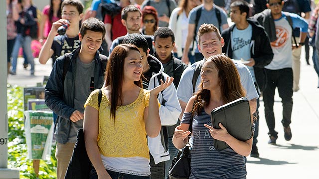Students walk across campus on the first day of classes.