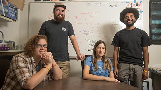 Cal Poly Pomona Cal-Bridge Scholars Chelsea Adelman, Bo Shrewsbury, Sierra Garza and Evan Nunez at the Astronomy Lab at the College of Science.
