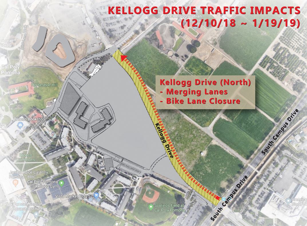 Drivers who use the northbound Kellogg Drive after 7 a.m. weekdays should take extra time for potential traffic slowdowns for the intermittent merger of lanes along sections of the road.