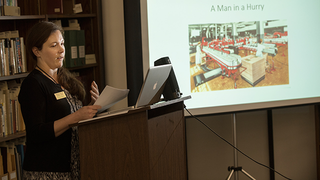 Alexis Adkins explains the history of Cal Poly Pomona during a talk at the University Library.