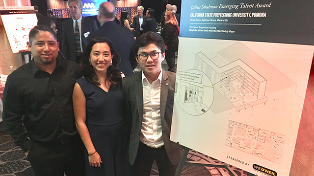 Architecture Class of 2019 graduates Matthew Rivera, Mariana Uy and Parady Sarun who won the Julius Shulman Emerging Talent Award. Photo credit is George Proctor.