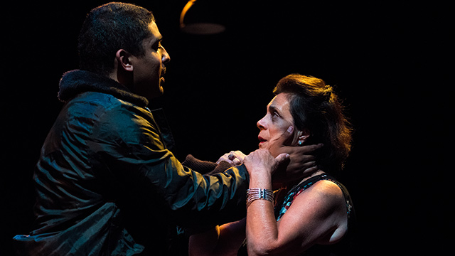 Linda Bisesti (right) portrays the Gothic queen Tamora embracing Aaron (Kris Dowling) in the Southern California Shakespeare Festival's production of "Titus Andronicus."