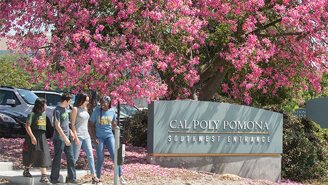 Group of students walking in southwest entrance of Cal Poly Pomona