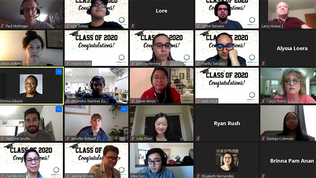 Group of the library's graduating assistants celebrating on zoom.