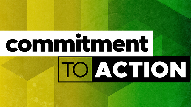 Graphic with geometric colors and shapes and the text that says Commitment to Action