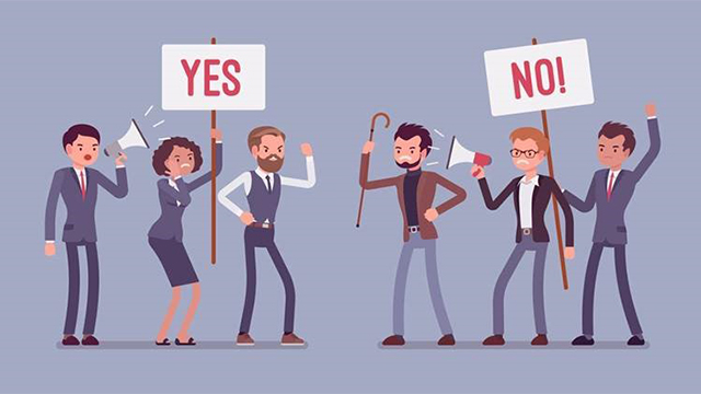 an illustration of a crowd of people holding signs up that says YES and NO