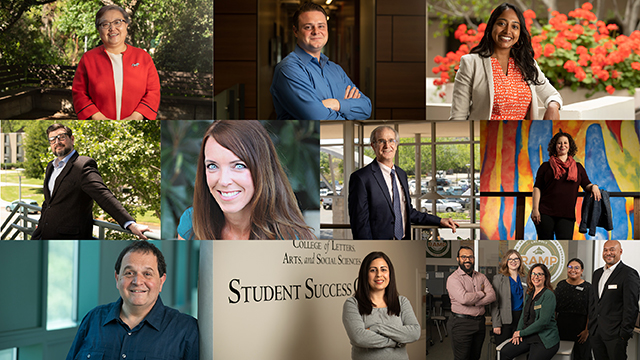 The winners of the 2022 Outstanding Advisor Awards, from left to right: Yao (Olive) Li, Anthony Orlando, Liane Hypolite, Jonathan Puthoff, Melissa Flicker, Don St. Hilaire, Sarah Krainin, Samir Anz, Maria Anzaldo, and RAMP (Christian Murrillo, Kaitlyn Porter, Laura Ayon, Denise Cedillos and Dustin Johnson).