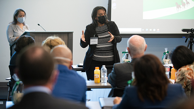 Senior AVP for Enrollment Services Jessica Wagoner and Cecilia Santiago-Gonzalez, Assistant VP for Strategic Initiatives for Student Success, present updates on admissions, impaction changes and progress of Graduation Initiative 2025.
