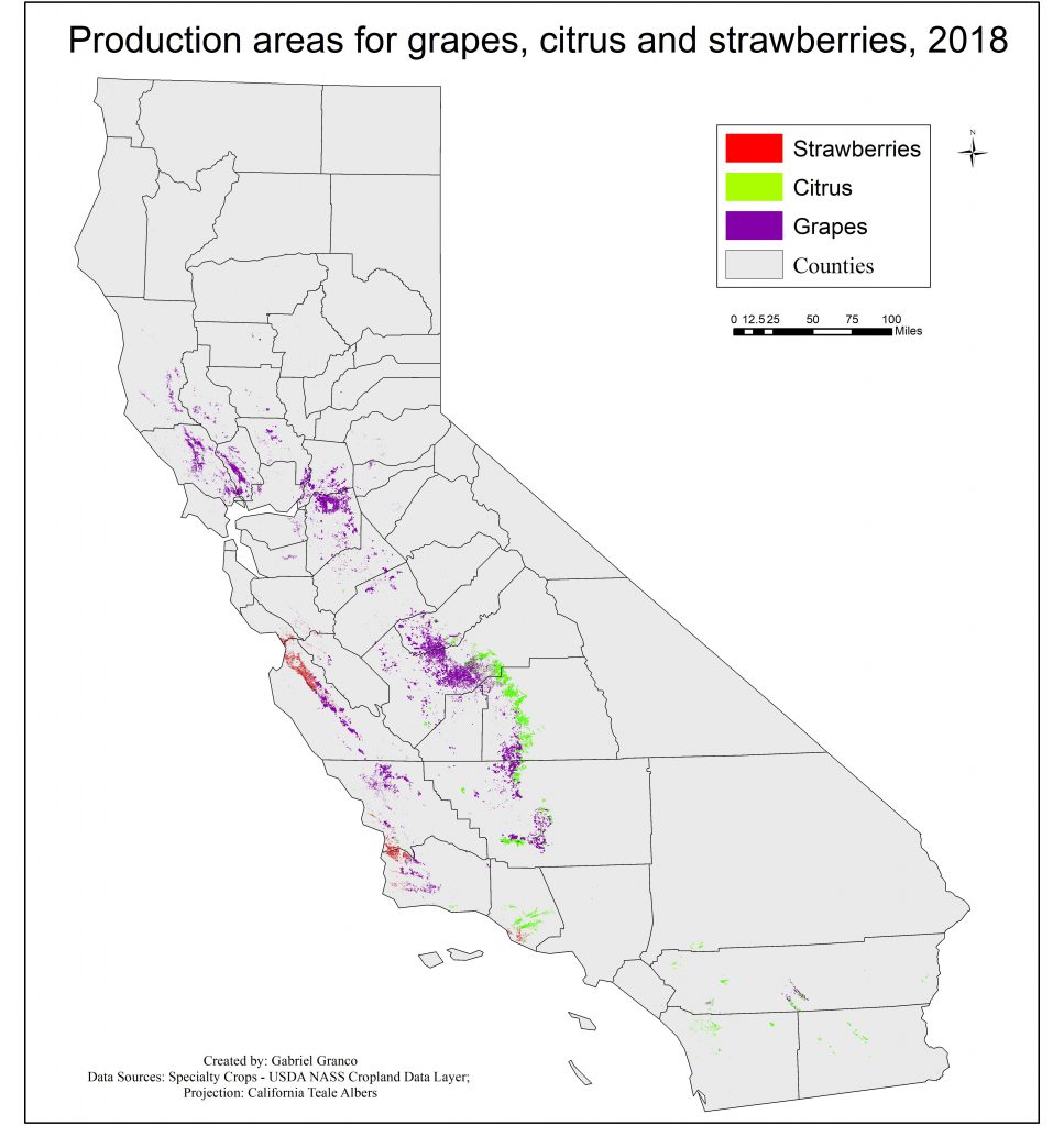 California regions where grapes, strawberries and citrus fruits are grown.