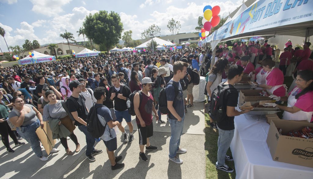 Students gather in the university quad for the Hot Dog Caper in 2018