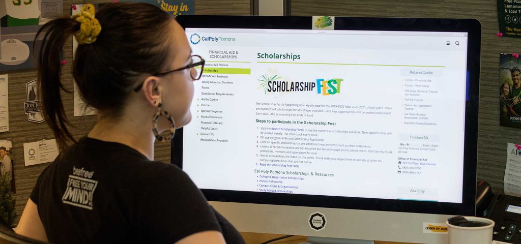 Female Student looks at the Scholarship Fest website.