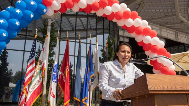 Director of the Veterans Resource Center Elke Azpeitia delivers a speech during the 10th anniversary celebration.