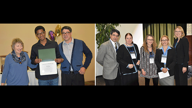 Left picture: Hector Mireles (right) poses with Mary Mogge Scholarship recipient Hector Salinas and Mary Mogge. Right picture: Hector (left) poses before speaking at the Conference for Undergraduate Women in Physics . He is joined by Physics and Astronomy Department co-chair Nina Abramzon (center) and Dean Alison Baski (right).