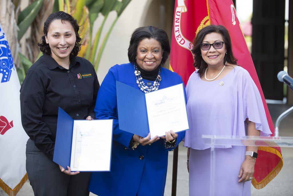 Congresswoman Norma Torres with President Soraya Coley and Elke Azpeitia at the Veterans Graduation Celebration at Cal Poly Pomona May 3, 2022.