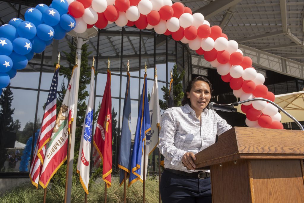 Elke Azpeitia speaks at 10th Anniversary celebration for the Veterans Resource Center at Cal Poly Pomona October 11, 2022.
